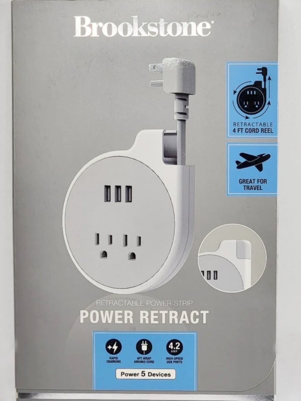 NWT BROOKSTONE Retractable rapid Power Strip , Power 5 devices, 4 foot cord reel